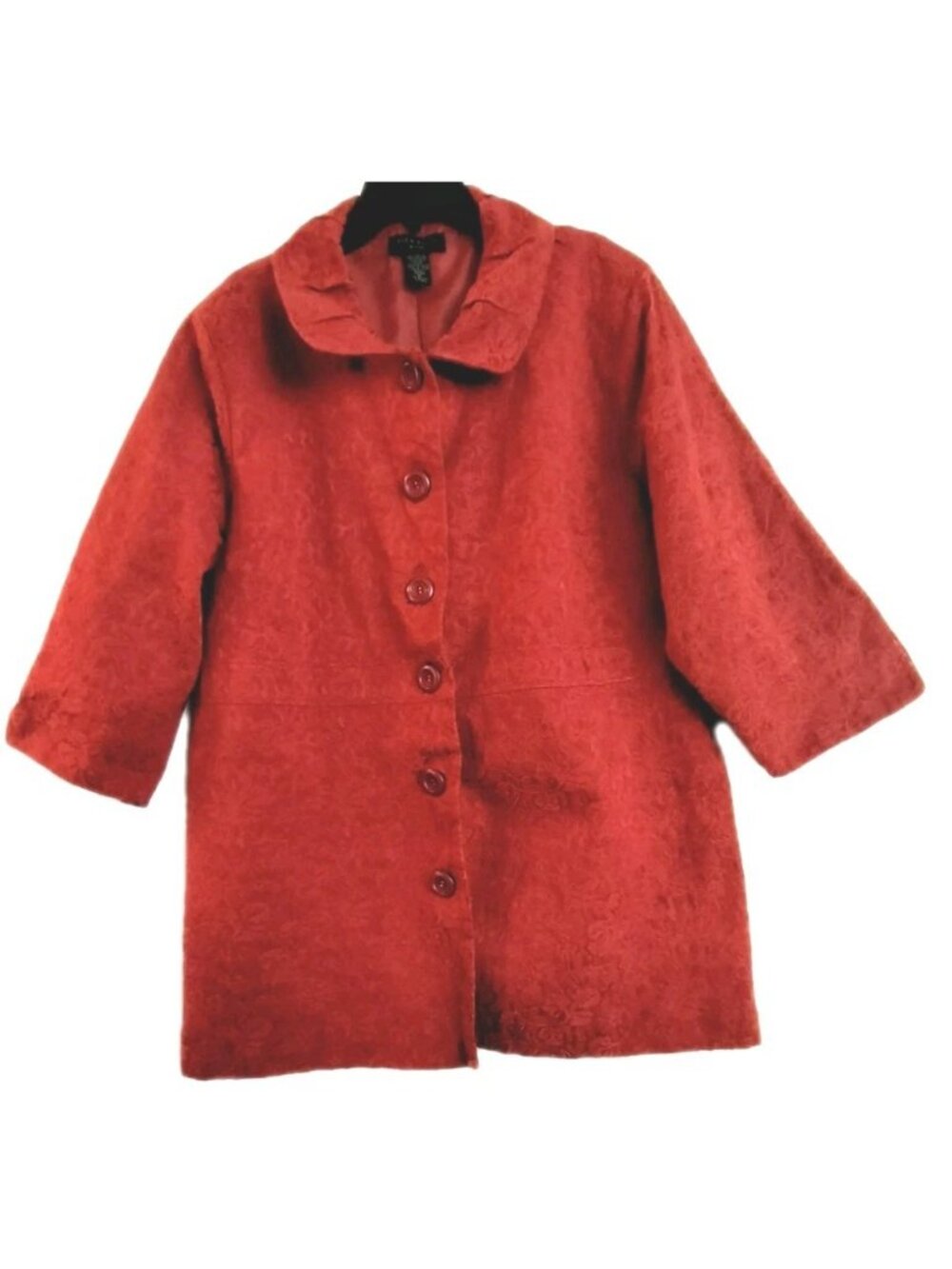 Silkland Women Jacket Plus Size 3X Floral Abstract Red 3/4 Sleeve Pleated Neck